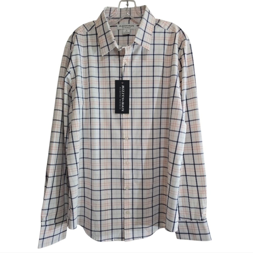 NWT Mizzen + Main Leeward Performance Dress Shirt XL White Blue Coral Plaid